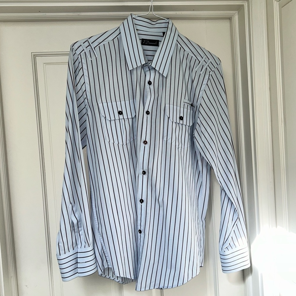 7 Diamonds Blue and Brown Striped Button-Down Shirt Men’s Large